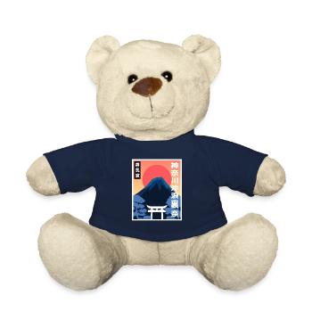 Retro Vintage Japan Art Style Japanese Sun Fan - Teddy Bear - french navy - Front