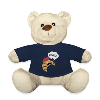Bonjour Croissant With Mustache And Beret Hat Pun - Teddy Bear - french navy - Front
