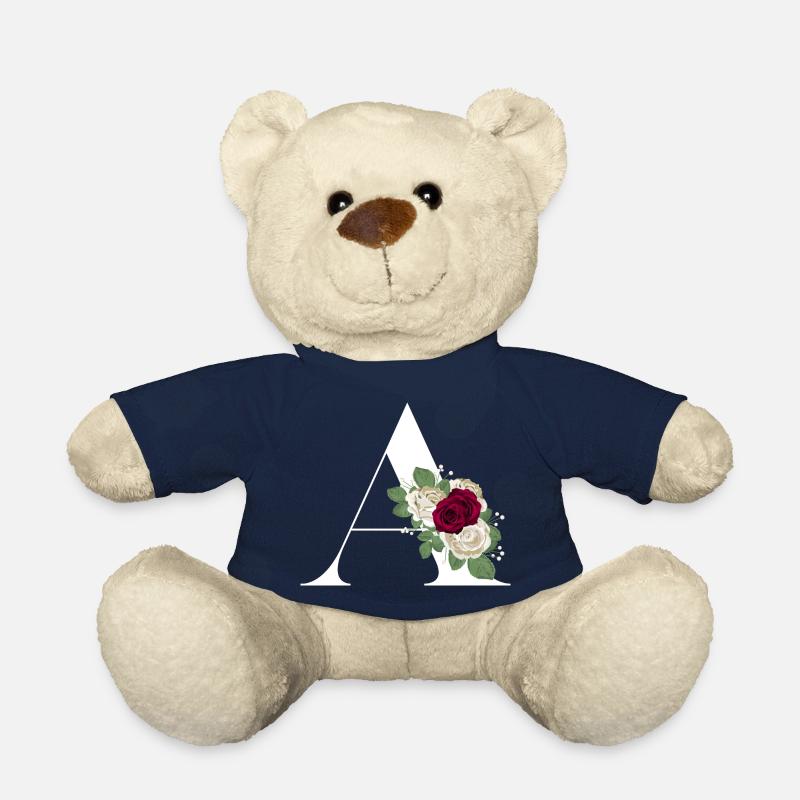 lettre A fleuris (blanche) - Nounours - bleu marine