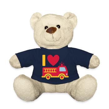 I love firefighters (fire truck with ladder) - Teddy Bear - french navy - Front