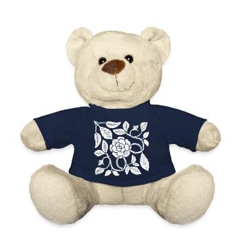 Botanischer Holzschnitt Weiße Rose mit Blättern - Teddy - French Navy - Vorne