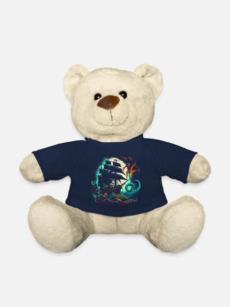 Bateau pirate rétro avec une pieuvre colorée - Nounours - bleu marine
