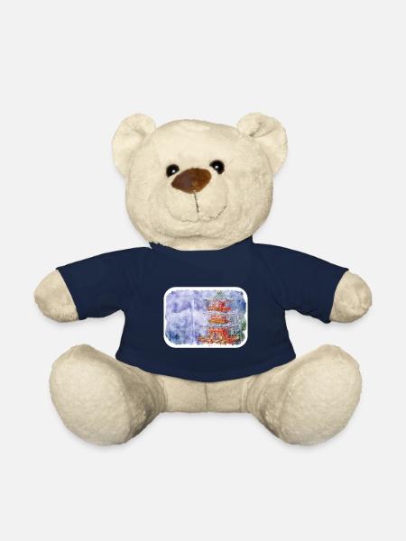 Japan Watercolor Sketch Hand Drawn Illustration - Teddy Bear - french navy