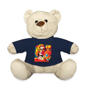 Retro Pop Art Frau mit Brille und bunten Punkten - Teddy - French Navy - Vorne