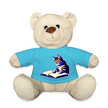 Cat Books Cat Reading Domestic Cat Book Kitten - Teddy Bear - atoll blue - Front