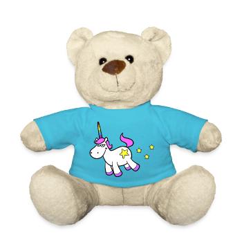 Rosa Cartoon Einhorn beim Pupsen von Sternen - Teddy - Atollblau - Vorne