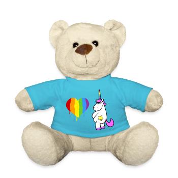 Rosa Einhorn pinkelt ein großes Herz in Regenbogen - Teddy - Atollblau - Vorne