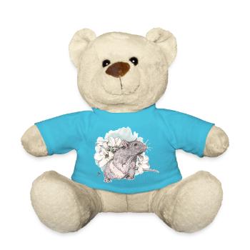 Ratte vor zarten Blumen auf Wasserfarbenklecks - Teddy - Atollblau - Vorne