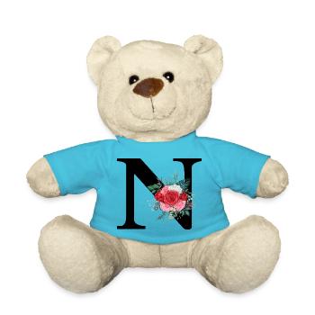 Red Floral Letter N - Teddy Bear - atoll blue - Front