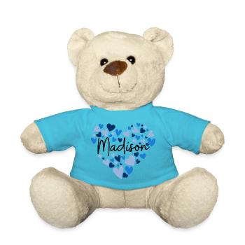 Madison Namensdesign mit herzförmigen blauen Herzen - Teddy - Atollblau - Vorne