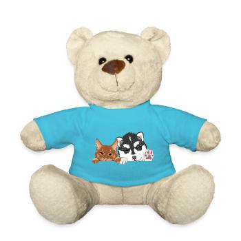 Peeking funny ginger cat and husky dog - Teddy Bear - atoll blue - Front
