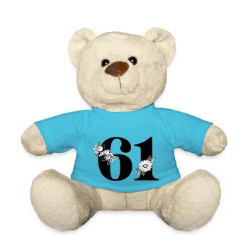 Number 61 Black Floral - 61st Floral Birthday - Teddy Bear - atoll blue - Front