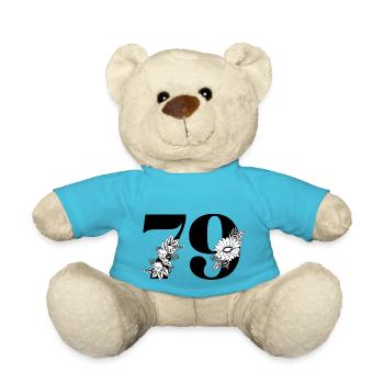 Nummer 79 Schwarze Blumen - 79. Blumengeburtstag - Teddy - Atollblau - Vorne