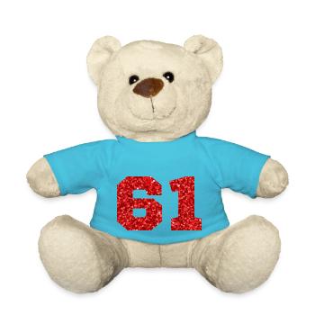 Number 61 Red Glitter - 61st Birthday - Teddy Bear - atoll blue - Front
