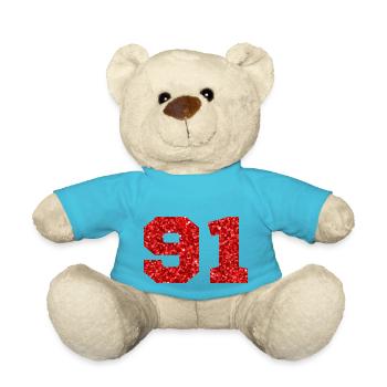 Nummer 91 Roter Glitzer - 91. Geburtstag - Teddy - Atollblau - Vorne