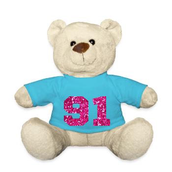 Nummer 91 Pink Glitter - 91. Geburtstag - Teddy - Atollblau - Vorne