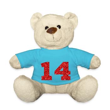 Numéro 14 paillettes rouge - 14e anniversaire - Nounours - bleu outremer - Devant