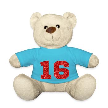Nummer 16 Roter Glitzer - 16. Geburtstag - Teddy - Atollblau - Vorne