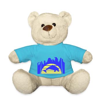 Dolphin Jumping Lines Sun Palm Trees Cool Silhouette - Teddy Bear - atoll blue - Front
