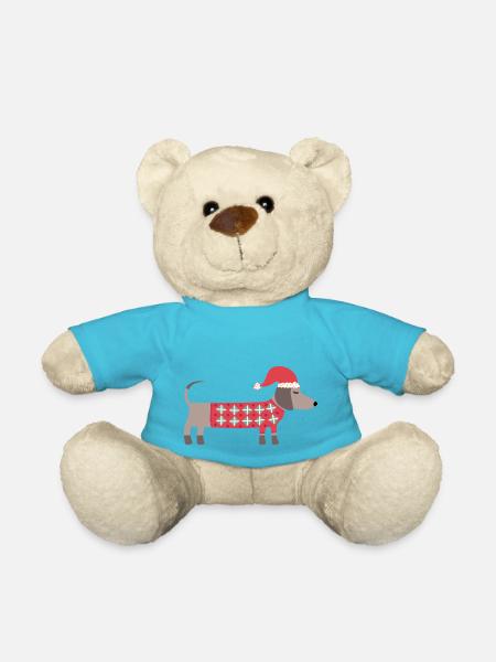 Chien teckel de Noël avec un chapeau de Père Noël et un pull - Nounours - bleu outremer