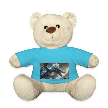 Ein realistischer böser dunkler Drache klettert auf einen nebligen - Teddy - Atollblau - Vorne