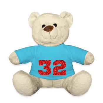Number 32 Red Glitter - 32nd Anniversary - Teddy Bear - atoll blue - Front