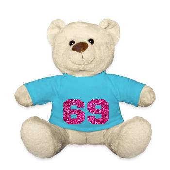 Numéro 69 paillettes rose - 69e anniversaire - Nounours - bleu outremer - Devant