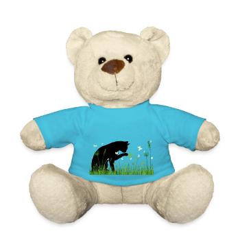 Spring design - cat in flower meadow - Teddy Bear - atoll blue - Front