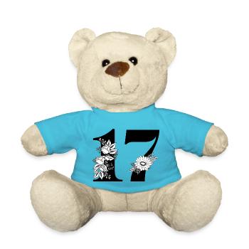 Number 17 Black Floral -17th Birthday Floral - Teddy Bear - atoll blue - Front