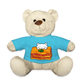 Cute white cat eating a delicious italian food - Teddy Bear - atoll blue - Front