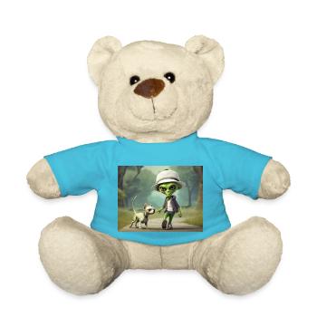 cute little green alientake the dog out - Teddy Bear - atoll blue - Front