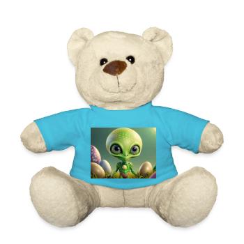 cute little green retro alien with easter eggs - Teddy Bear - atoll blue - Front