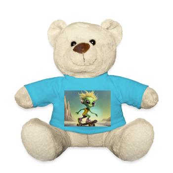 niedliches kleines grünes Retro Alien Skateboarden - Teddy - Atollblau - Vorne