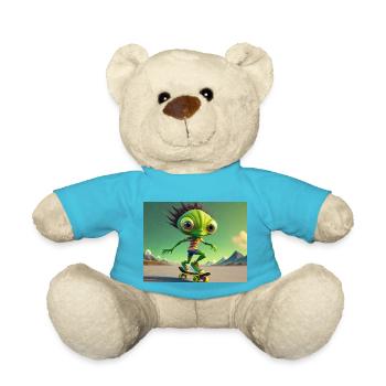 niedliches kleines grünes Retro Alien Skateboarden - Teddy - Atollblau - Vorne