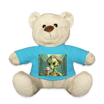 Grauer Außerirdischer auf der Mondoberfläche – Eis essen - Teddy - Atollblau - Vorne