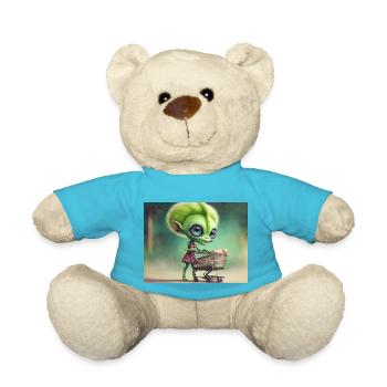 cute little green retro alien buying groceries - Teddy Bear - atoll blue - Front