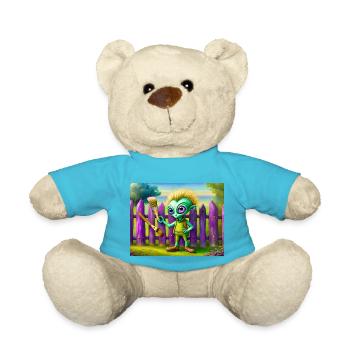niedliches kleines grünes Retro-Alien malt einen Zaun - Teddy - Atollblau - Vorne