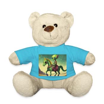 niedliches kleines grünes Retro-Alien reitet auf einem Pferd - Teddy - Atollblau - Vorne