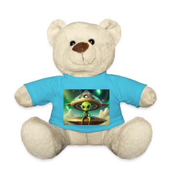 cute little green retro vintage alien flying a UFO - Teddy Bear - atoll blue - Front