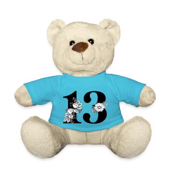 Number 13 Black Floral -13th Birthday Floral - Teddy Bear - atoll blue - Front