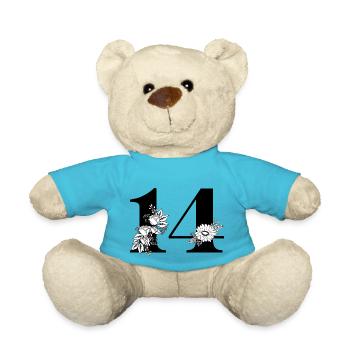 Number 14 Black Floral -14th Floral Birthday - Teddy Bear - atoll blue - Front