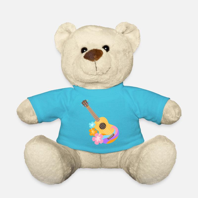 Ukulélé coloré motif vague avec fleurs d'Hibiscus - Nounours - bleu outremer