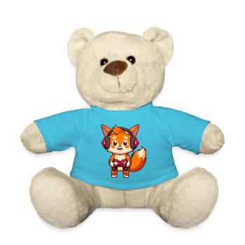 00237 roter Fuchs mit Kopfhörer und Controller - Teddy - Atollblau - Vorne