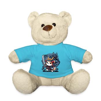 Samurai-Ninja-Katze und Monster dahinter - Teddy - Atollblau - Vorne