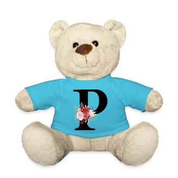 Red Floral Letter P - Teddy Bear - atoll blue - Front