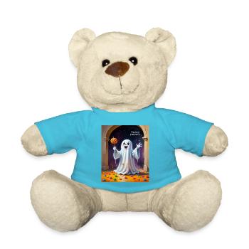 Cheerful Ghost with Pumpkin - Teddy Bear - atoll blue - Front
