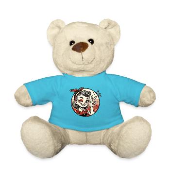 Retro 1950s Cartoon Girl with Peace Sign - Teddy Bear - atoll blue - Front