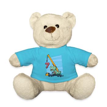 7 years 7th Birthday Mobile Crane Dinosaur - Teddy Bear - atoll blue - Front