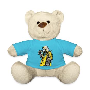 Kapuzenfrau trägt eine Gesichtsmaske mit einem gelben - Teddy - Atollblau - Vorne