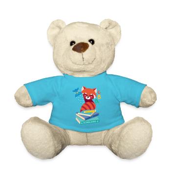 roter Panda mit Schultüte auf Bücherstapel - Teddy - Atollblau - Vorne